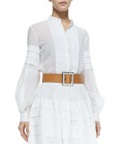 Band-Collar Pleated Shirt, Optic White