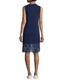 Sleeveless Knit Combo Dress w/ Bunny-Print Chiffon Trim, Marine