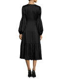 Ruched-Waist Flounce Midi Dress, Black