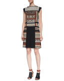 Paneled Geometric-Print Fringe-Trimmed Dress
