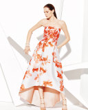 Strapless Floral-Print High-Low Midi Dress