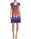 Marrakech-Print Cap-Sleeve A-Line Dress, Orange/Purple