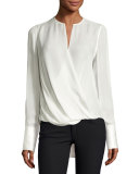 Max Long-Sleeve Silk Blouse, Blanc