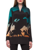 Turf-Print Silk Crepe Tunic Top, Multi