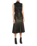 Aria Lamb Leather Godet Midi Skirt, Black