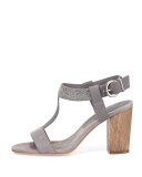 Crisscross T-Strap Leather Sandal, Gray