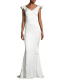 Tonal-Jacquard V-Neck Gown, White