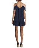 Stellara Cold-Shoulder Flounce Silk Mini Dress, Blue