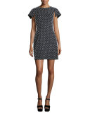 Pearl-Embellished Short-Sleeve Sheath Dress, Black
