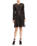 Long-Sleeve Linear-Beaded Dress, Black