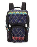Patterned Nylon & Leather Utility Backpack, Navy