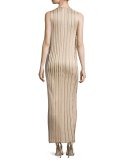 Sleeveless Metallic Pleated Gown, Champagne