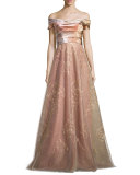 Off-the-Shoulder Pleated Bodice Gown 