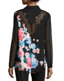 Mason Lace-Trim Button-Front Floral Silk Blouse, Multi