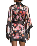 Floral-Printed Short Kimono Robe, Black
