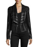 Cropped Leather Strip Combo Jacket, Black