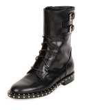 Soul Stud Rockstud Leather Moto Boot, Nero/Platino