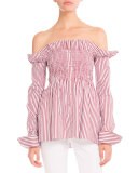 Striped Smocked Off-the-Shoulder Blouse, Maroon