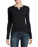 Long-Sleeve Ribbed Henley Tee, Black