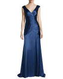 Sleeveless Tiered Satin Gown, Indigo