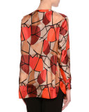 Delaunay-Print Long-Sleeve Blouse, Red/Burgundy