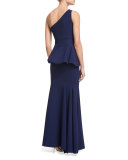 Desy One-Shoulder Peplum Gown, Blue Notte 