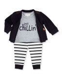 Knit Cardigan w/ Jersey Tee & Striped Leggings, Navy, Size 3-9 Months