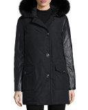 Leather-Trim Arctic Parka Coat w/ Fox Fur, New Black