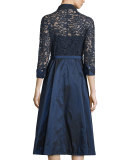 Lace Full-Skirt Belted Cocktail Shirtdress, Navy