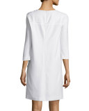 Leather Side-Button Long-Sleeve Dress, Off White