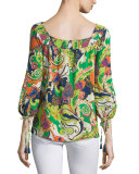 3/4-Sleeve Paisley-Print Tie-Cuff Top