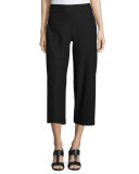 Wide-Leg Washable-Crepe Cropped Pants, Black