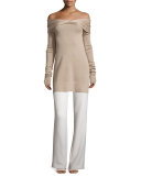 Twisted Off-Shoulder Long-Sleeve Tunic, Oatmeal Melange
