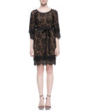 Tie-Waist Scalloped Lace Dress, Black
