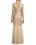 Sleeveless Beaded Gown with Tulle Skirt 