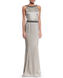Beaded Liquid Crepe Gown, Medium Silver