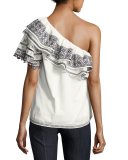 Mary Embroidered One-Shoulder Blouse, White