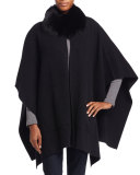 Fur-Trim Cashmere Poncho, Black