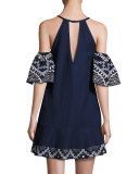 Phoebe Embroidered Cold-Shoulder Mini Dress, Blue