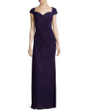 Cap-Sleeve Ruched Sweetheart Gown, Plum