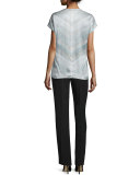 Zane Short-Sleeve Silk Chevron Blouse, Cloud Multi