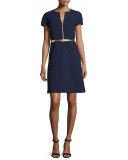 Belted A-Line Zip-Front Dress, Maritime
