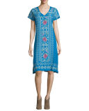 Tara Short-Sleeve Linen Embroidered Dress, Plus Size 