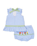 Sleeveless Gingham Seersucker Dress w/ Bloomers, Blue, Size 3-24 Months