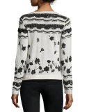 Beaded Crewneck Cropped Cardigan, Cream/Black