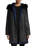 Hooded Fur-Trim Coat w/ Removable Fur Lining, Black/Blue
