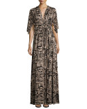 Cape-Sleeve Printed Caftan Maxi Dress, Etch Print