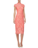 Cap-Sleeve Lace Sheath Dress, Pink/Multi