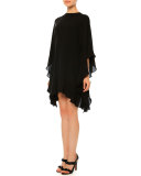 3/4-Sleeve Flutter Poncho Dress, Black