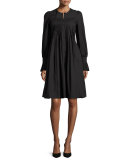 Long-Sleeve Pleated Shirtdress, Black